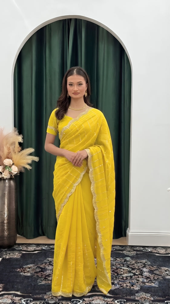 Sequined Scallop Embroidered Organza Saree Set