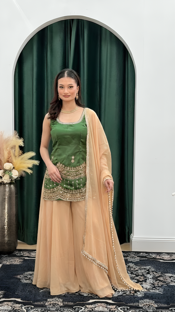 Olive Green Embroidered Sharara Suit