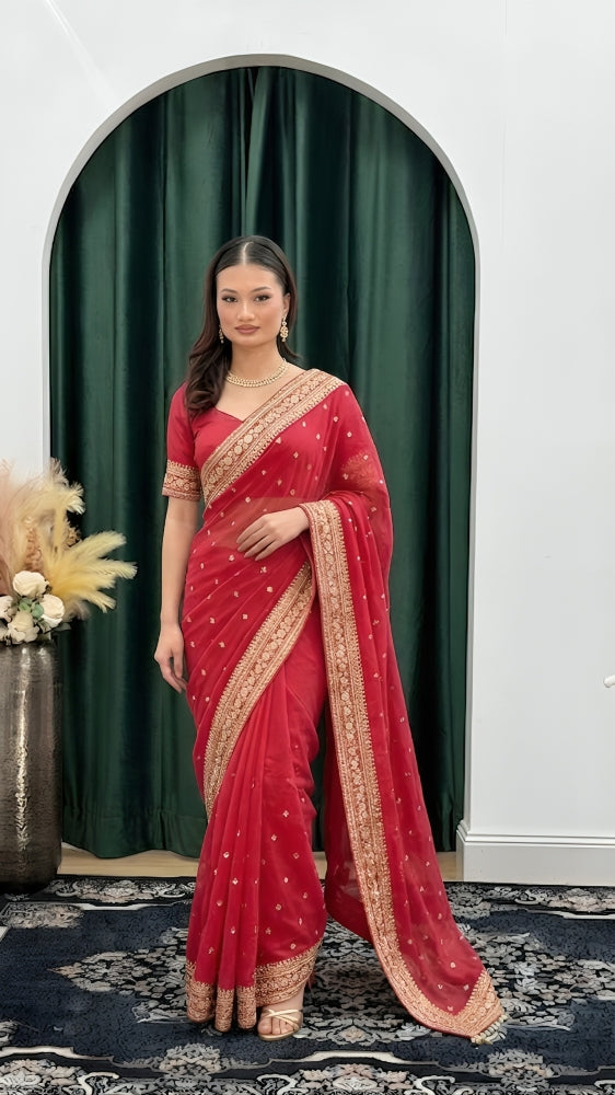 Crimson Radiance Pre-Stitched Festive Saree Set
