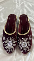 Floral Hand Embroidered Velvet Shoe with Pearl work
