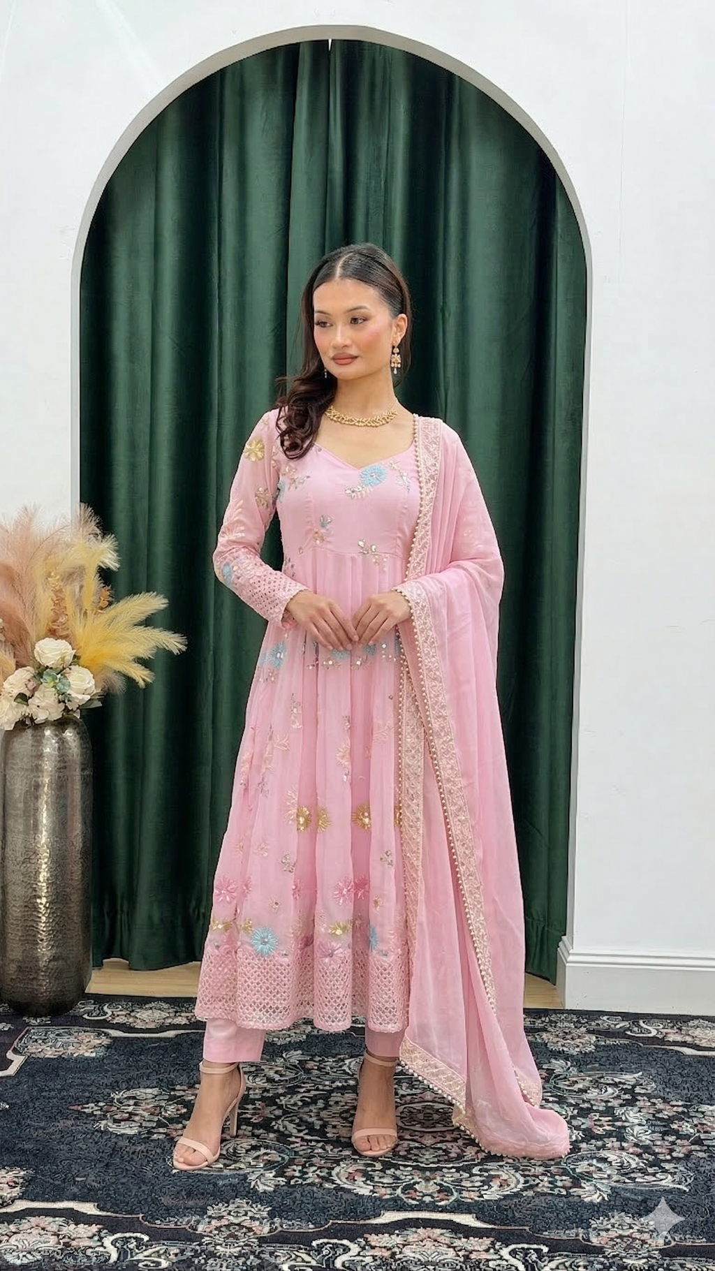 Blush Pink Floral Anarkali Pant Set