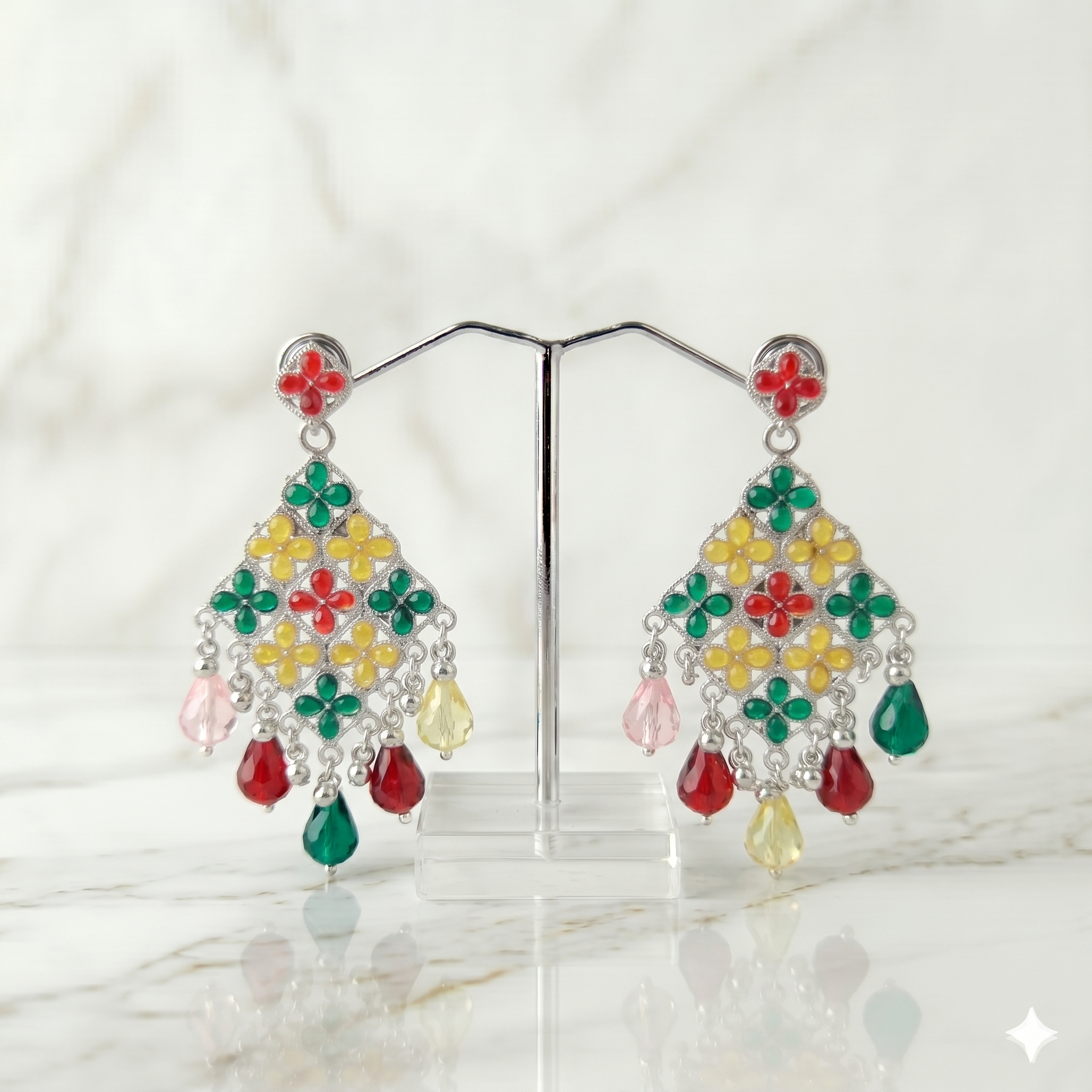 Vibrant Geometric Floral Drop Earrings
