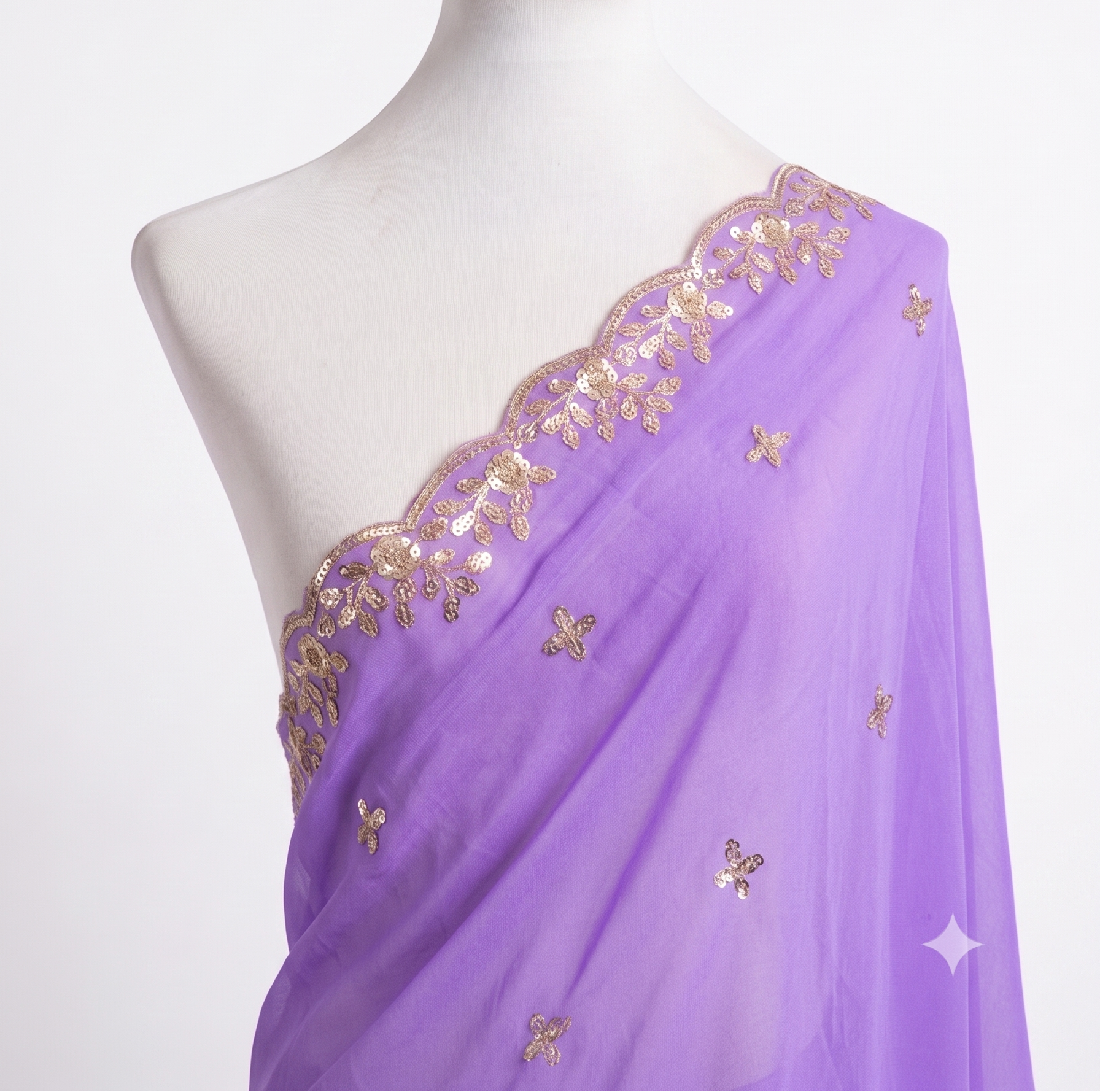 Sequin Embroidered Organza Shawl with Pearl Trim