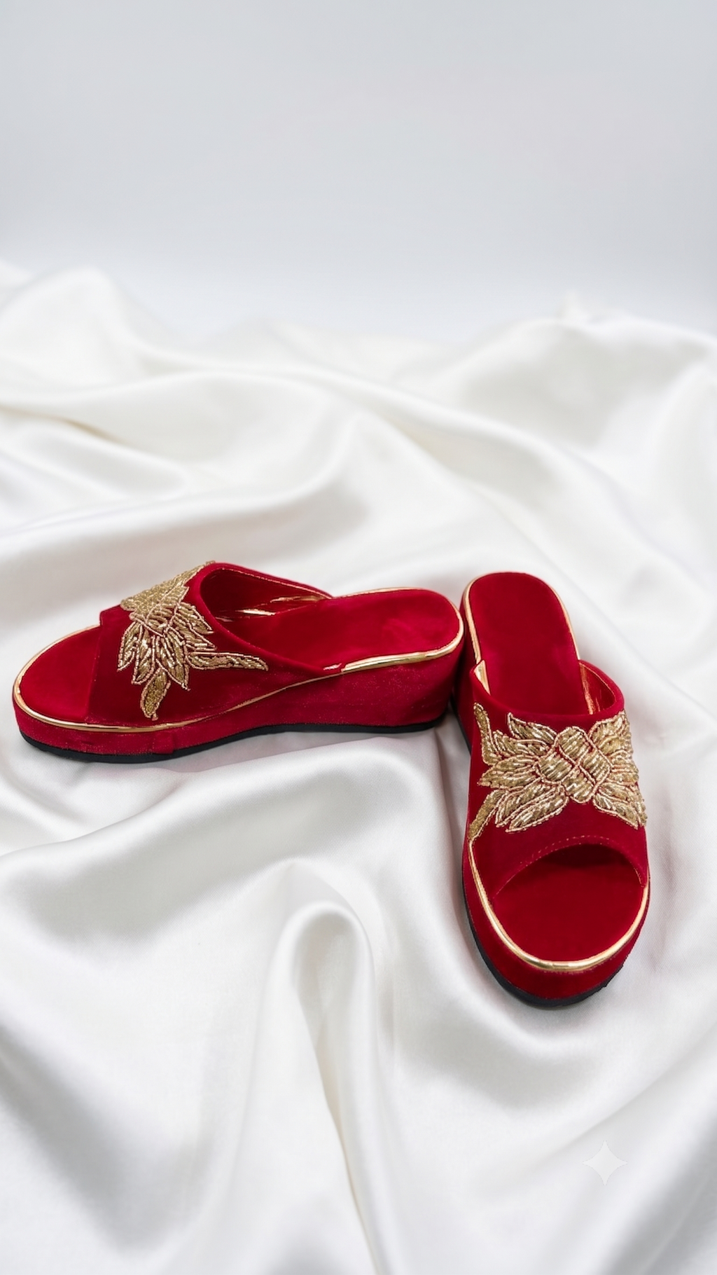 Royal Red Velvet Embellished Wedge Slides
