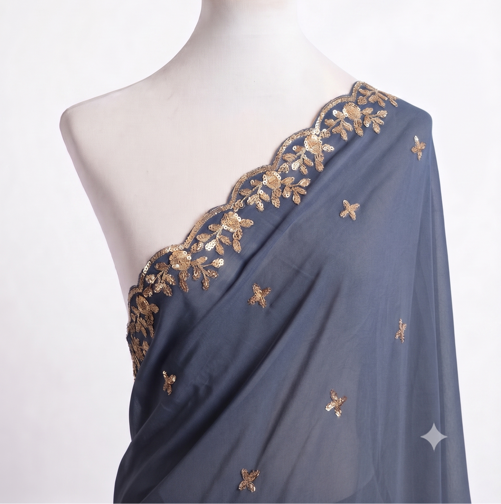 Sequin Embroidered Organza Shawl with Pearl Trim