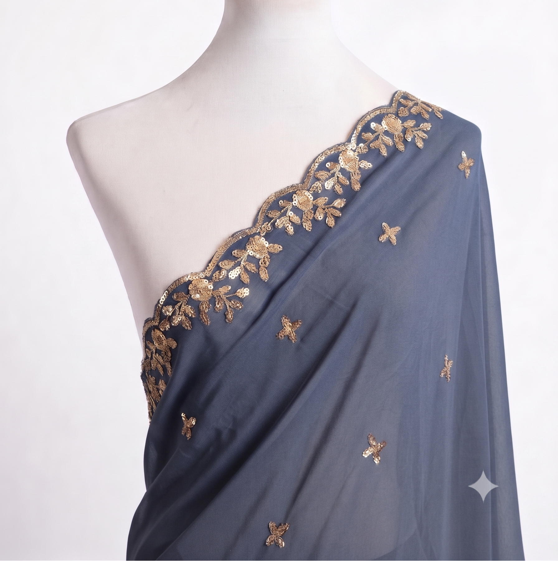 Sequin Embroidered Organza Shawl with Pearl Trim