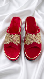 Royal Red Velvet Embellished Wedge Slides
