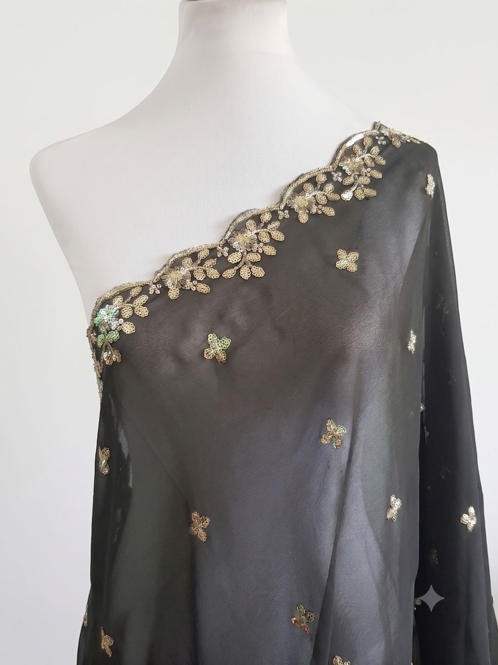 Sequin Embroidered Organza Shawl with Pearl Trim