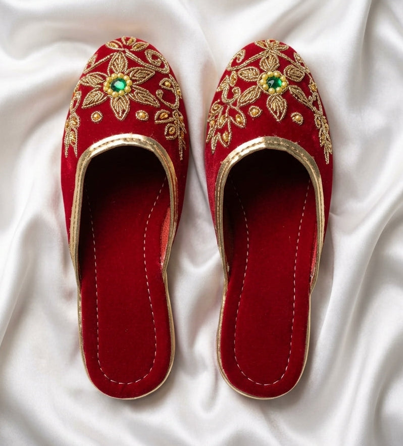 Crimson Floral Zardosi Velvet Slip-On Juttis