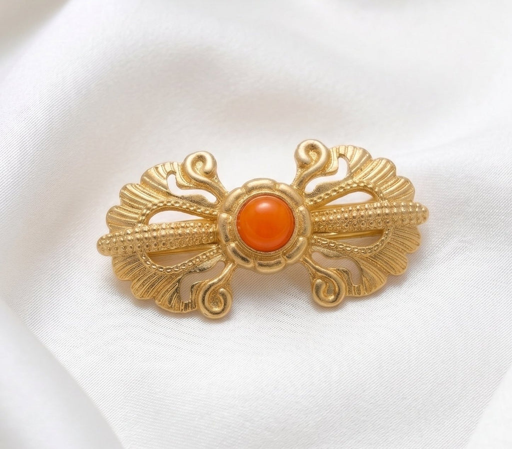 Traditional Gold-Toned Coral Stone Brooch