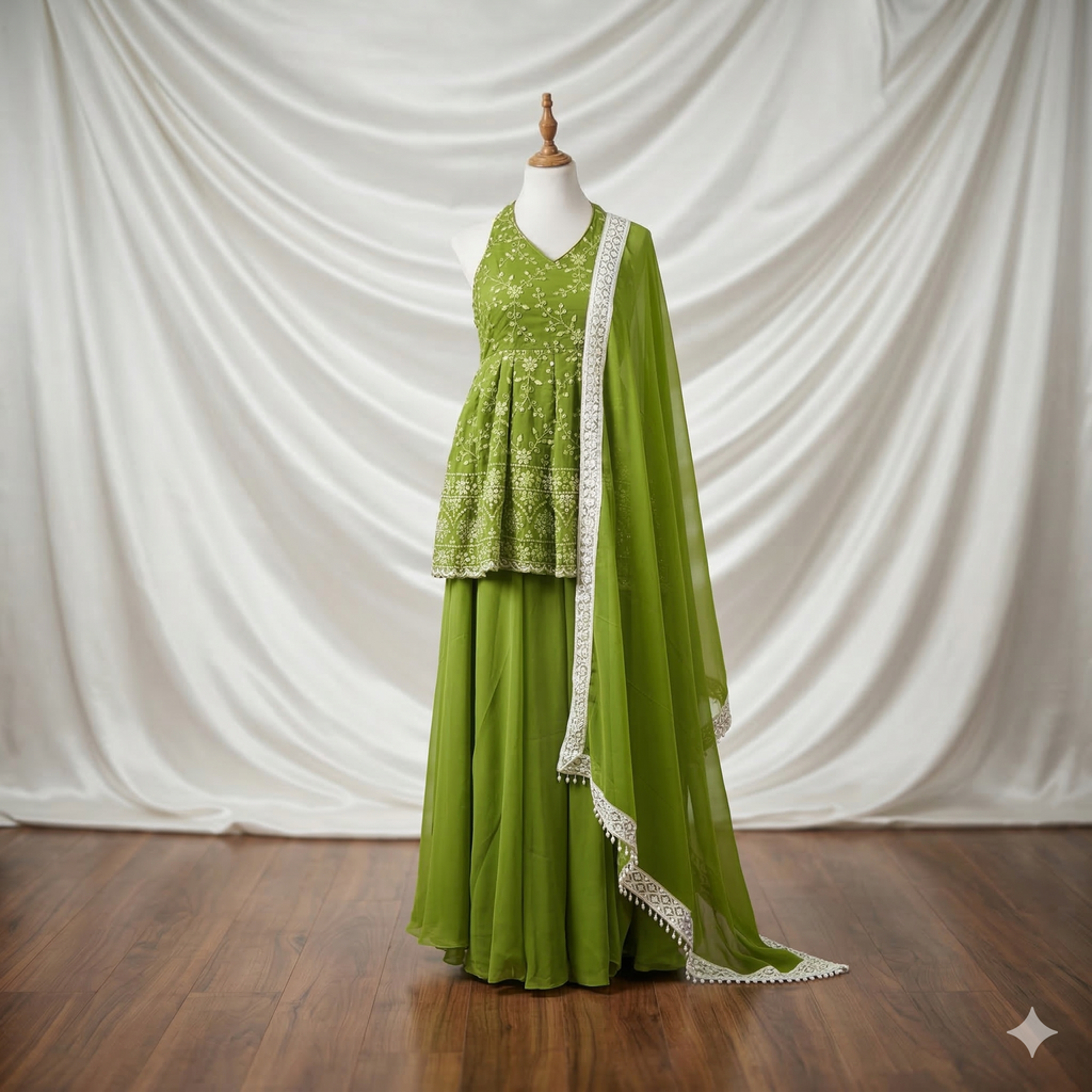 Halter-Neck Embroidered Peplum Sharara Set