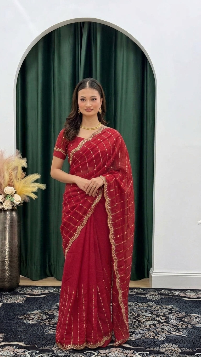 Sequined Scallop Embroidered Organza Saree Set