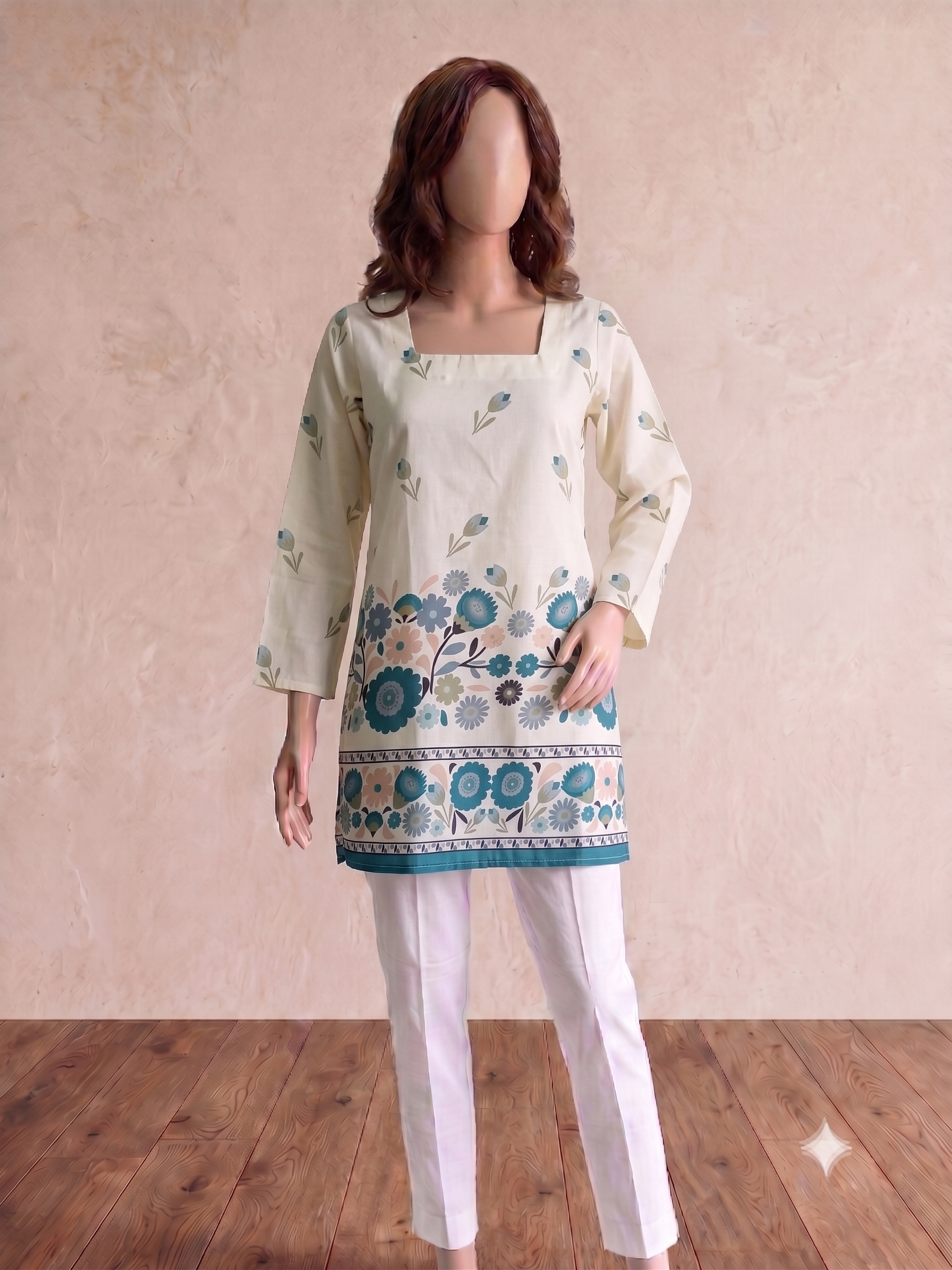 Teal Floral Border Kurti