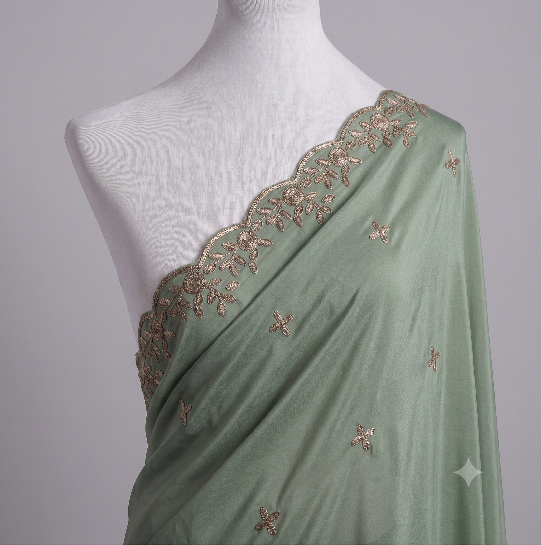 Sequin Embroidered Organza Shawl with Pearl Trim