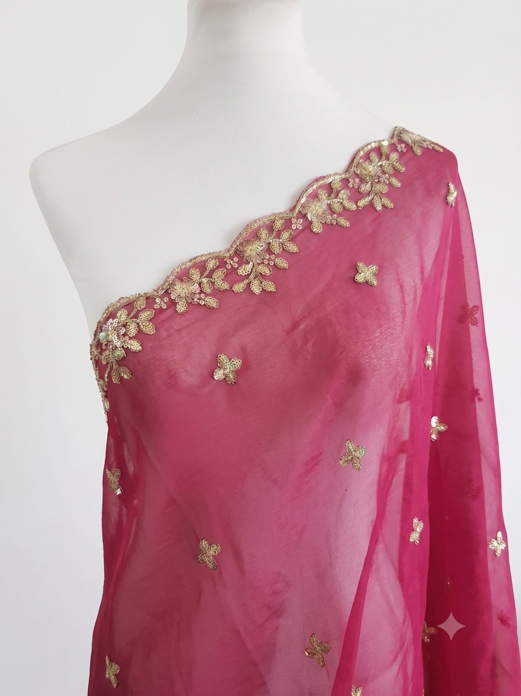 Sequin Embroidered Organza Shawl with Pearl Trim