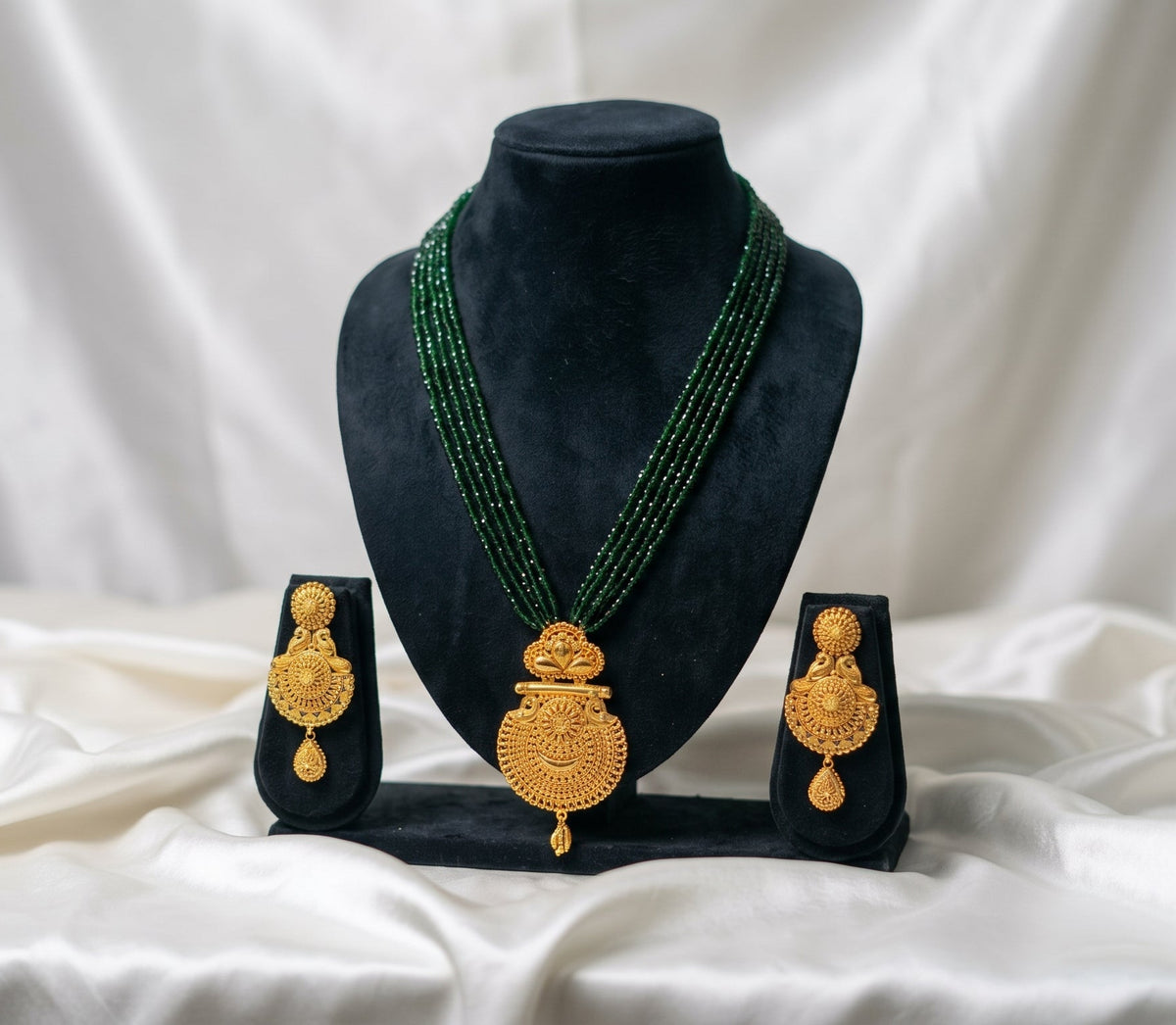 Traditional Gold-Plated Chandra Haar Pendant Set with Green Potey Beads