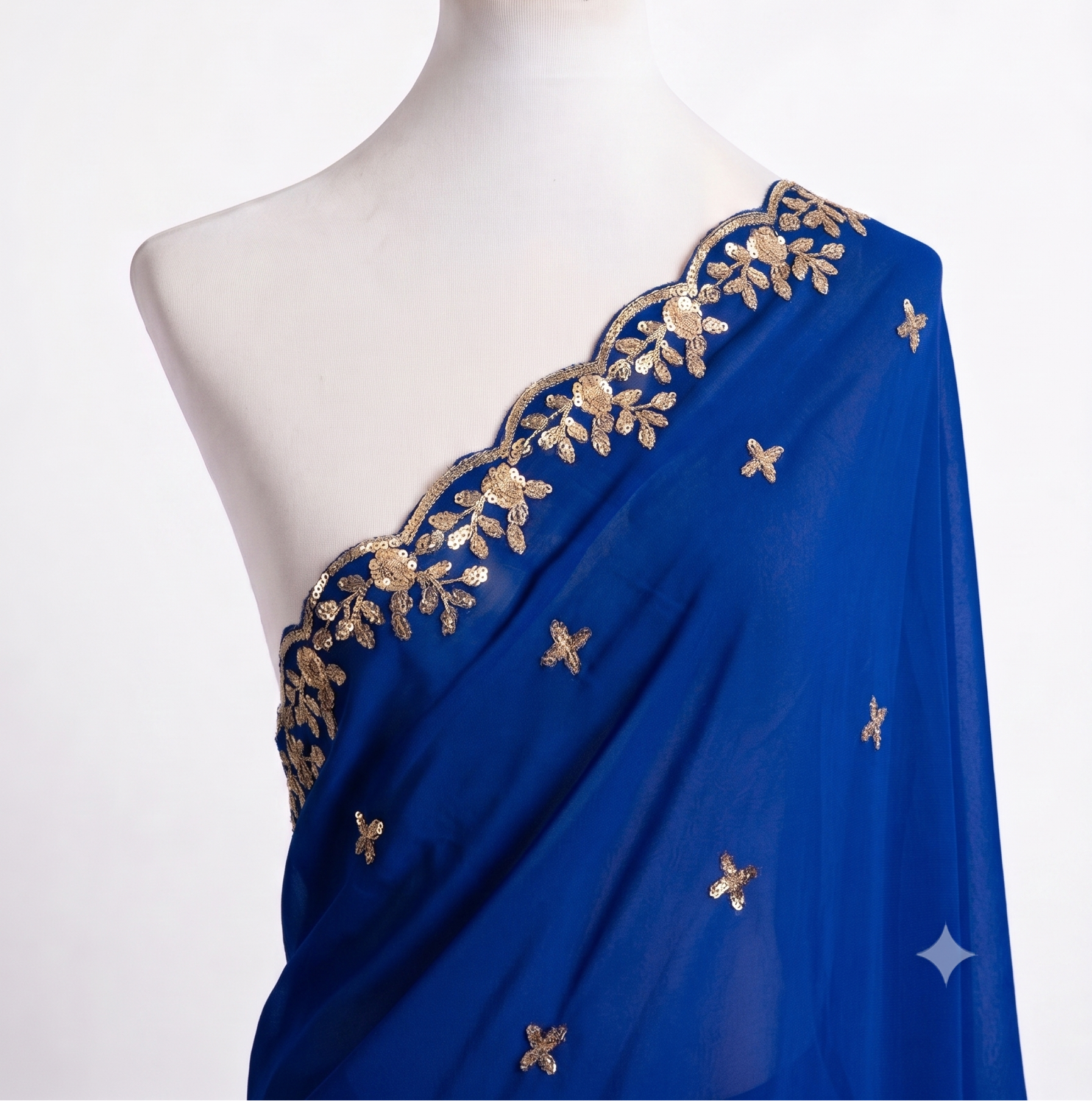 Sequin Embroidered Organza Shawl with Pearl Trim
