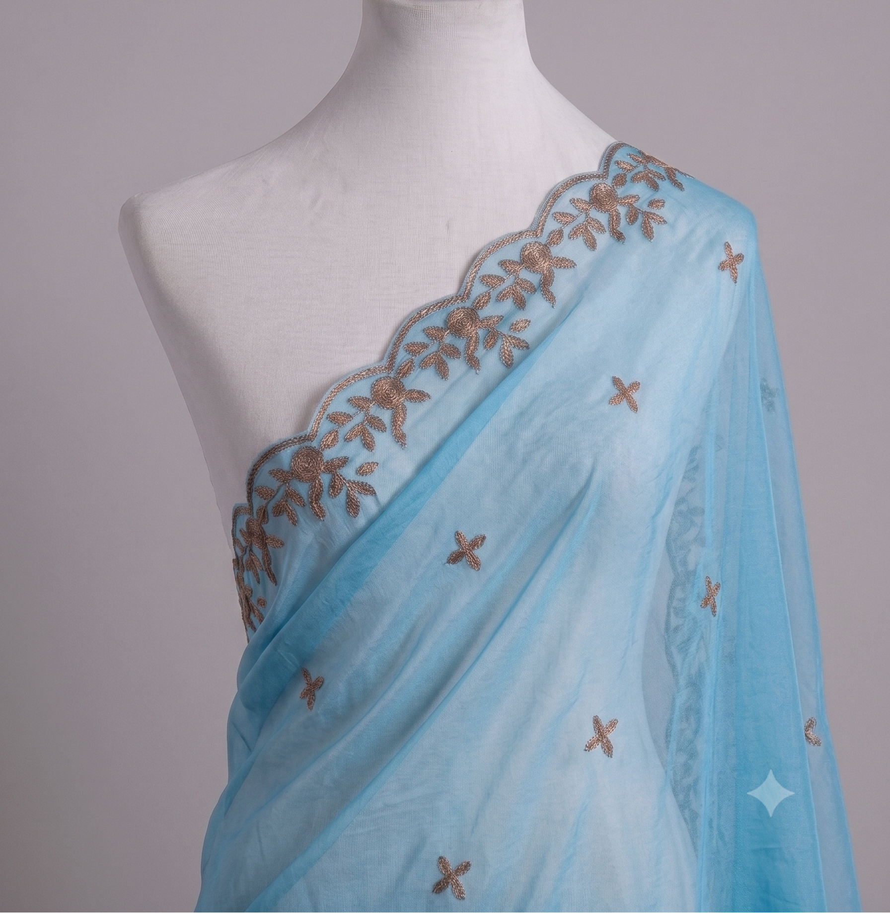 Sequin Embroidered Organza Shawl with Pearl Trim