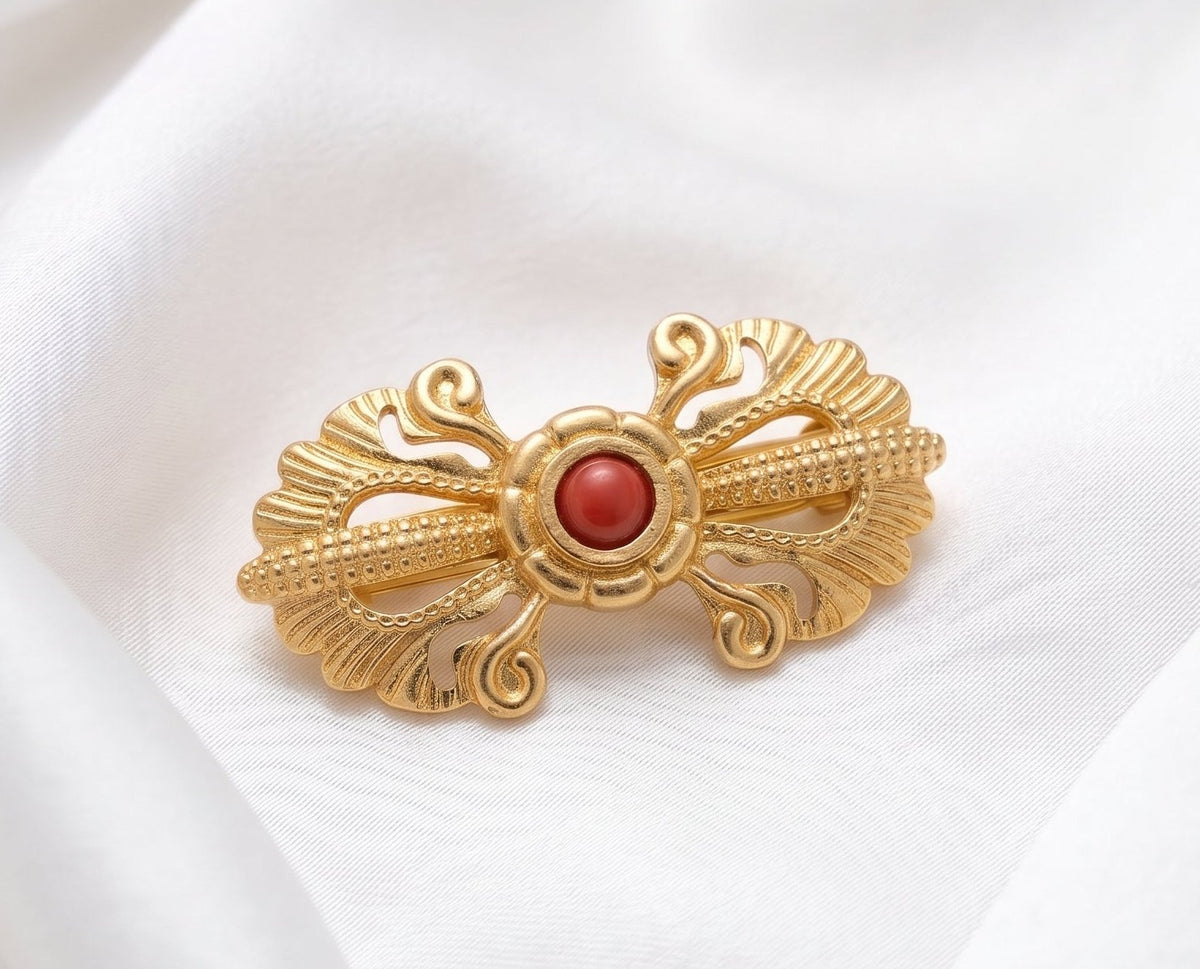 Traditional Gold-Toned Coral Stone Brooch