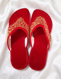 Royal Red Velvet Embroidered Slides