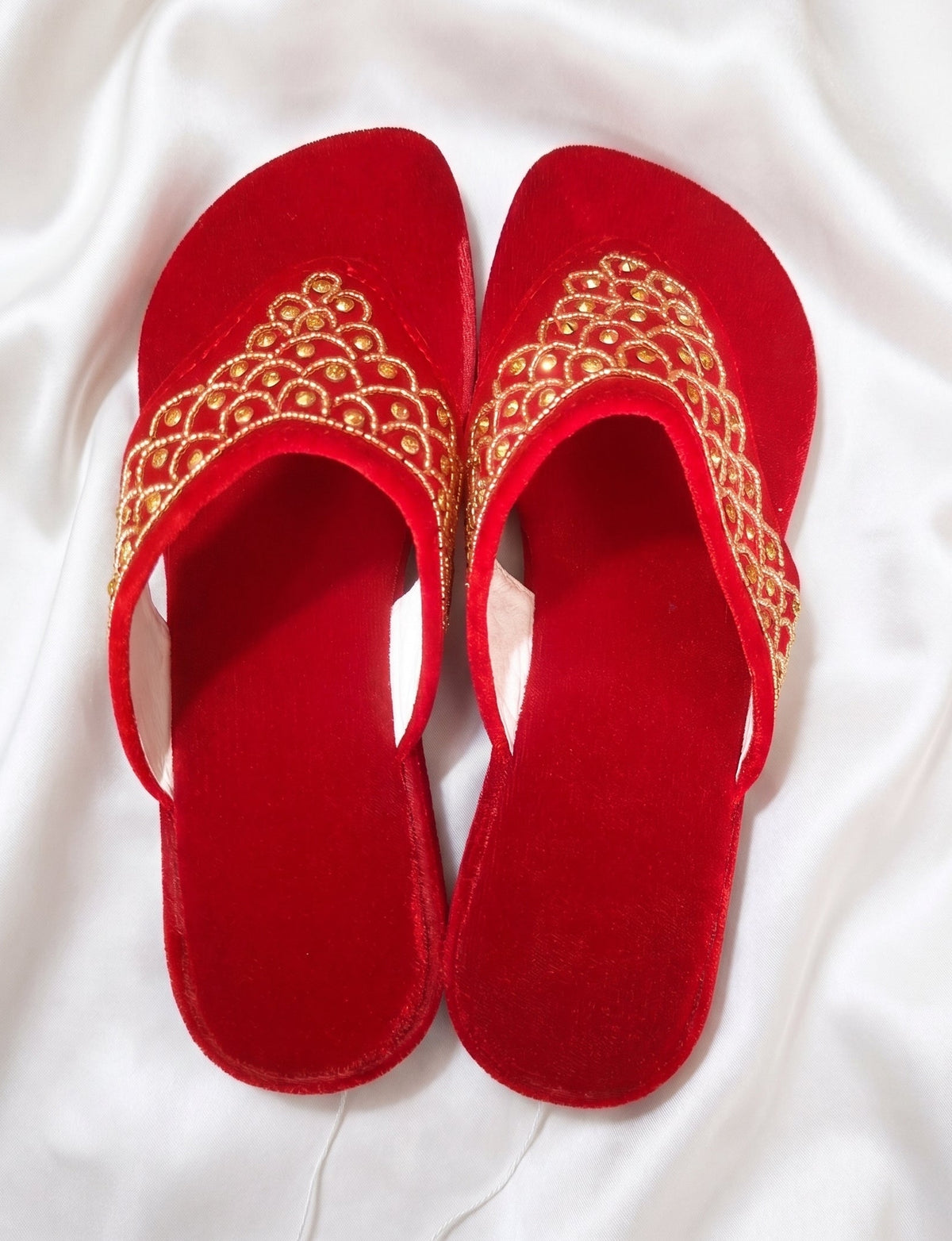 Royal Red Velvet Embroidered Slides