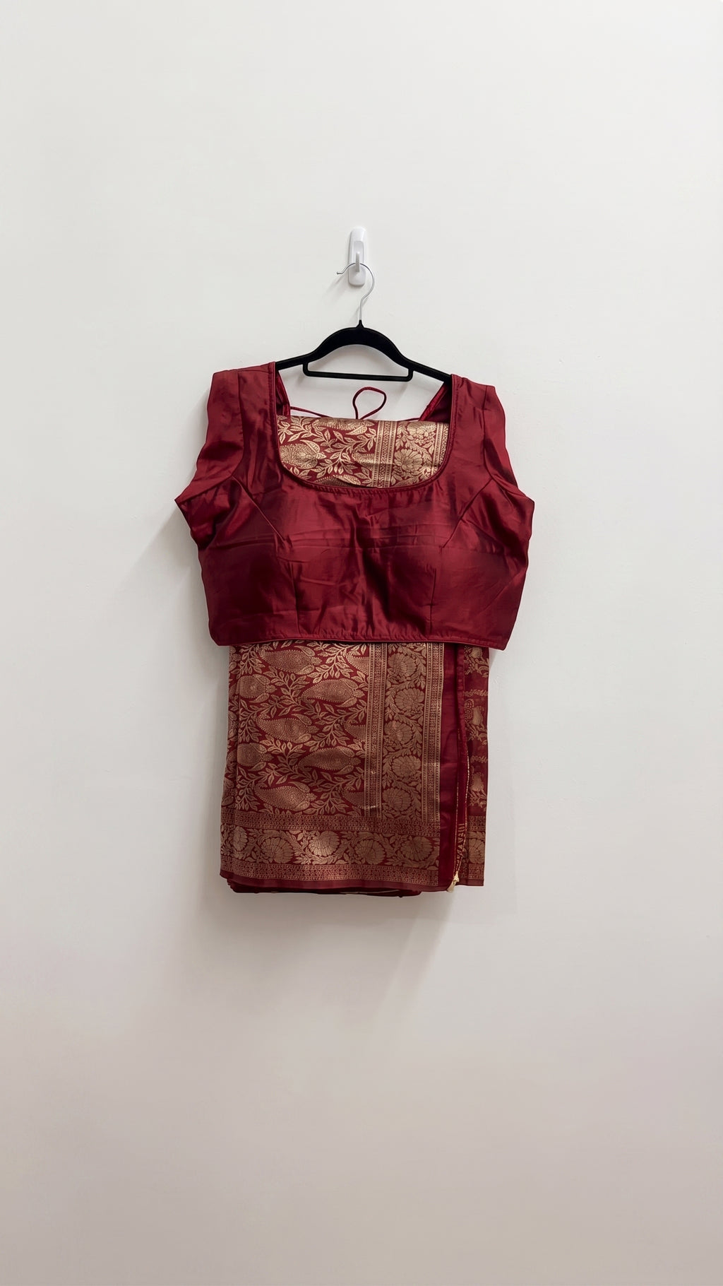 Maroon and Gold Banarasi Saree Set