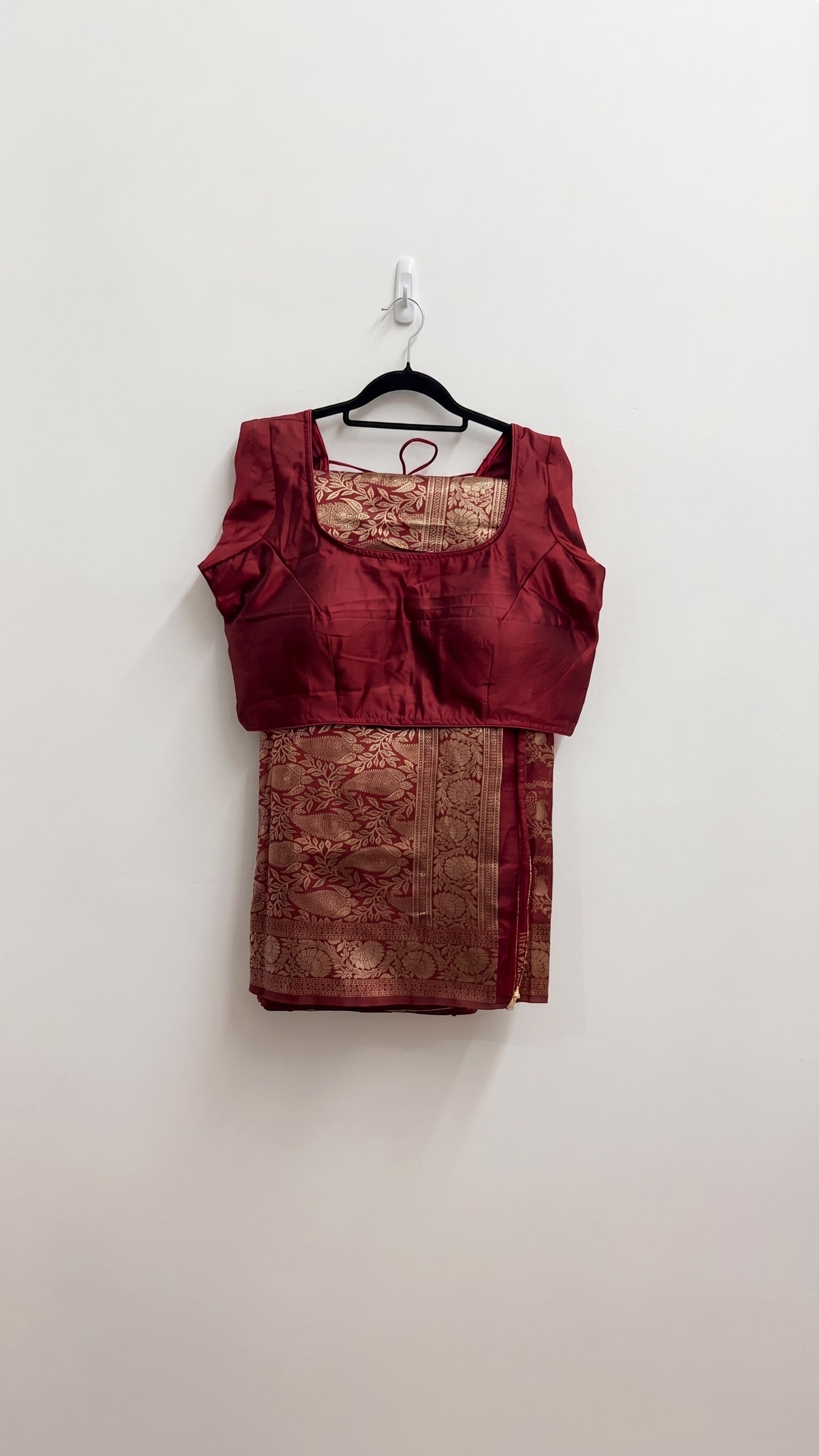 Maroon and Gold Banarasi Saree Set