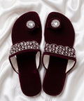 Royal Velvet Embellished Toe-Ring Flat Slides