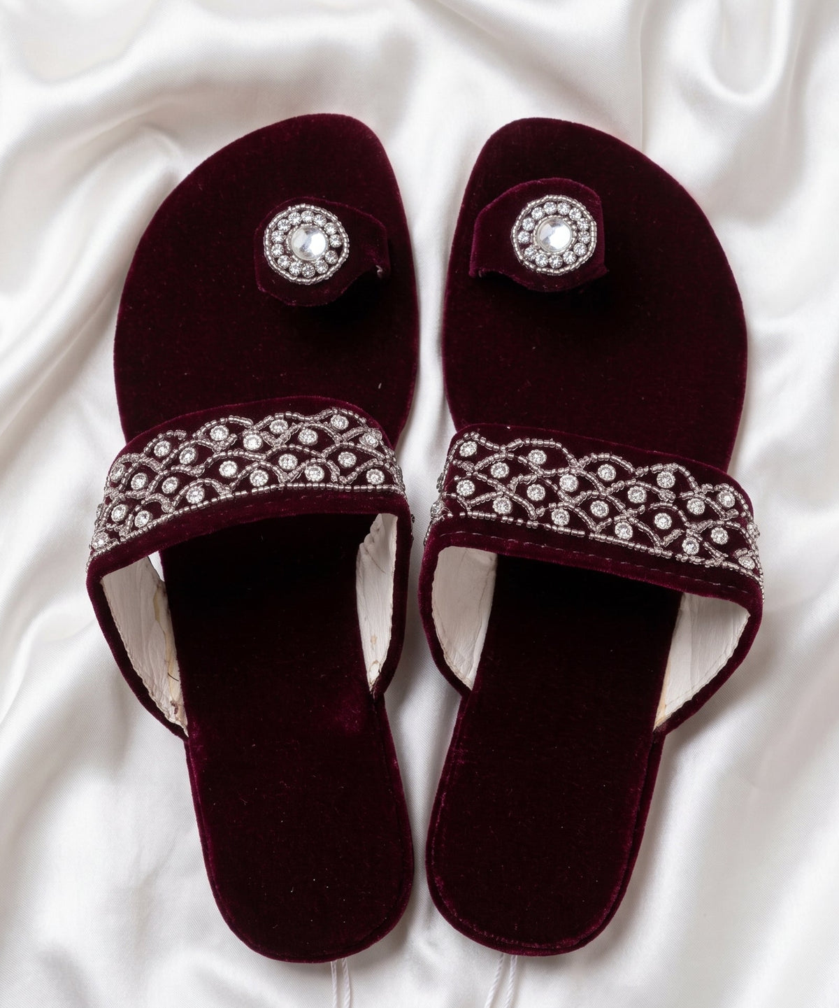 Royal Velvet Embellished Toe-Ring Flat Slides