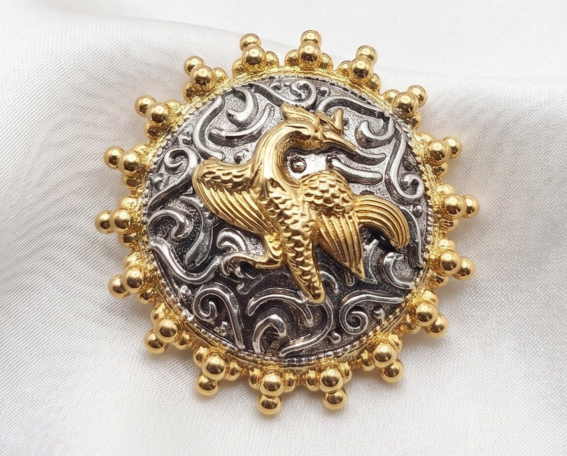 Traditional Gold & Silver Embossed Phoenix Brooch