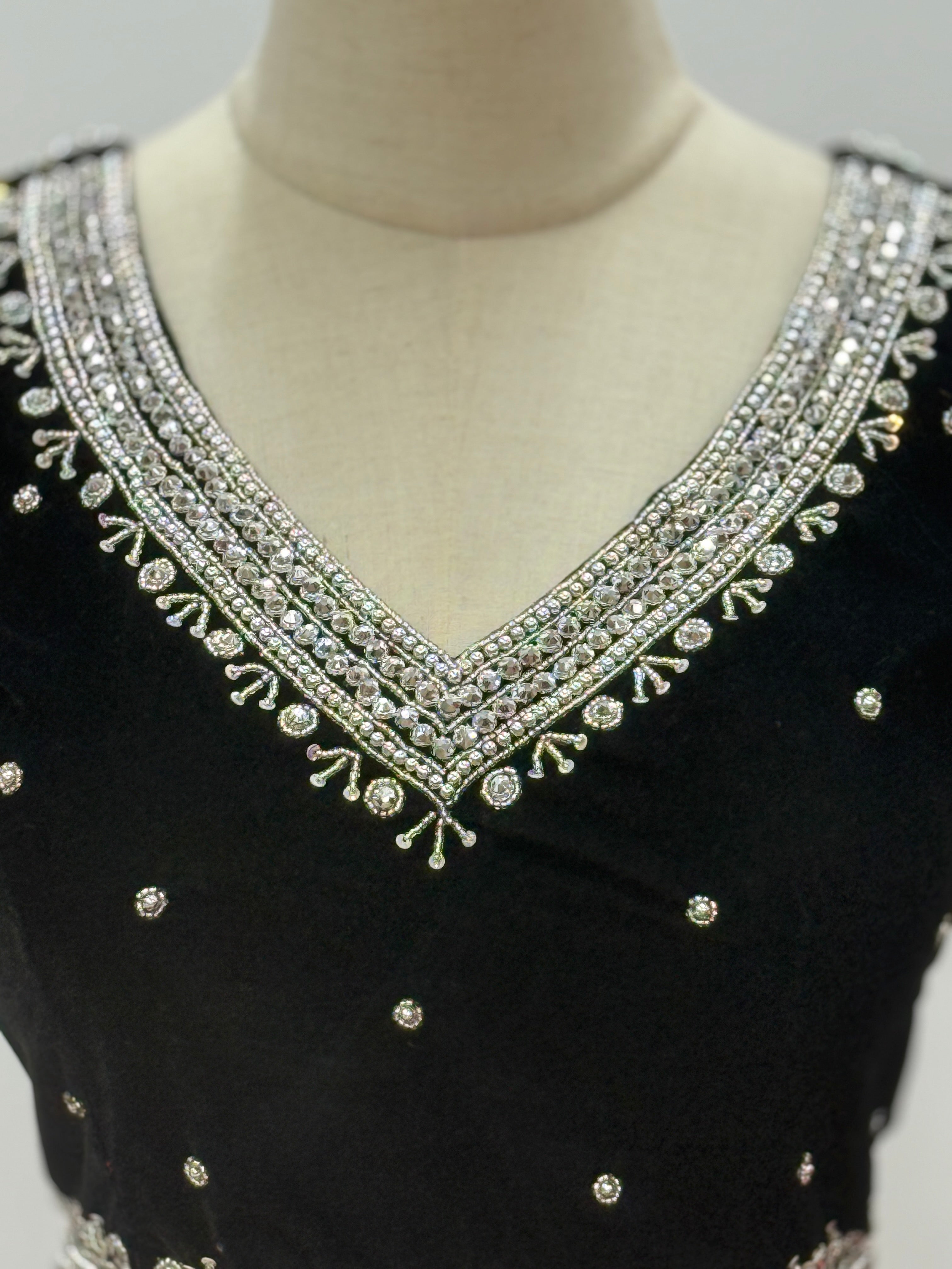 Crystal-Embellished Velvet V-Neck Blouse