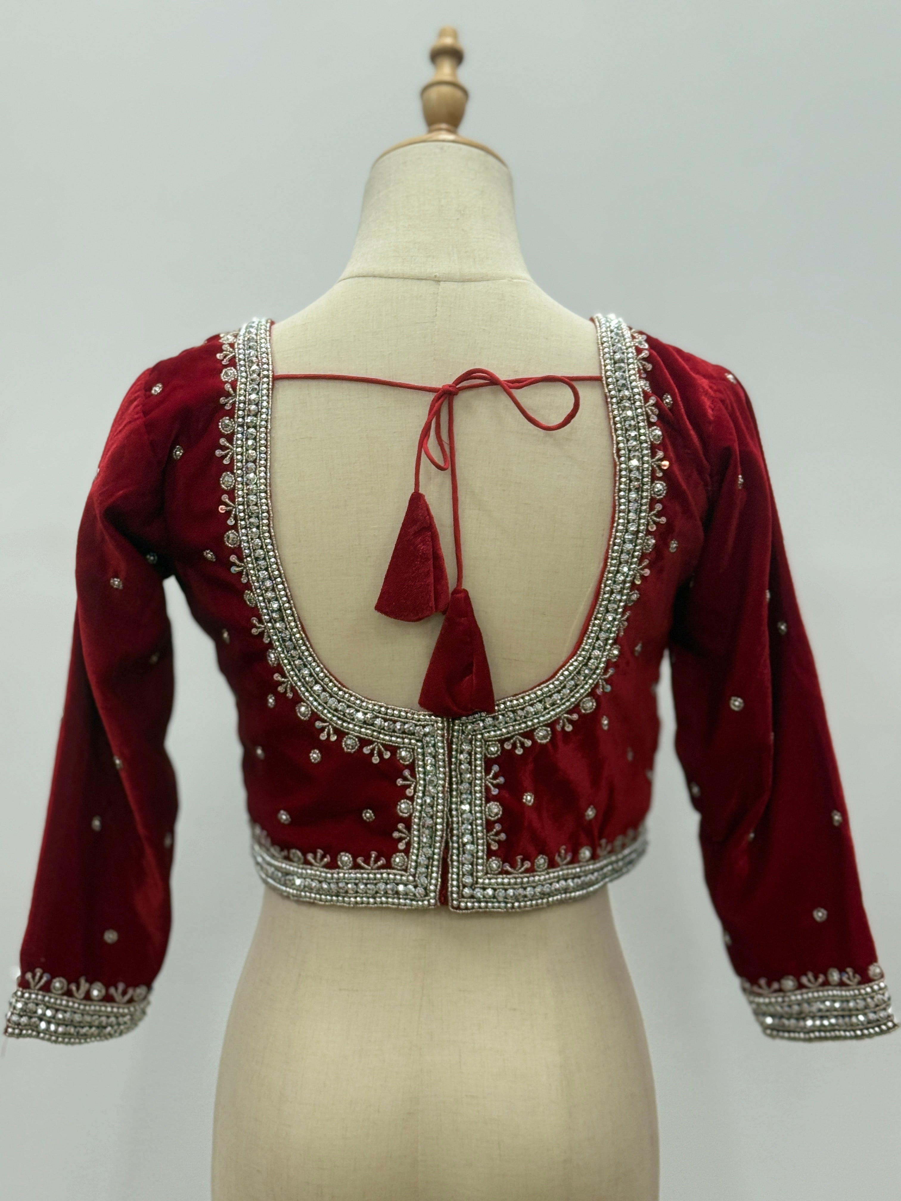 Crystal-Embellished Velvet V-Neck Blouse