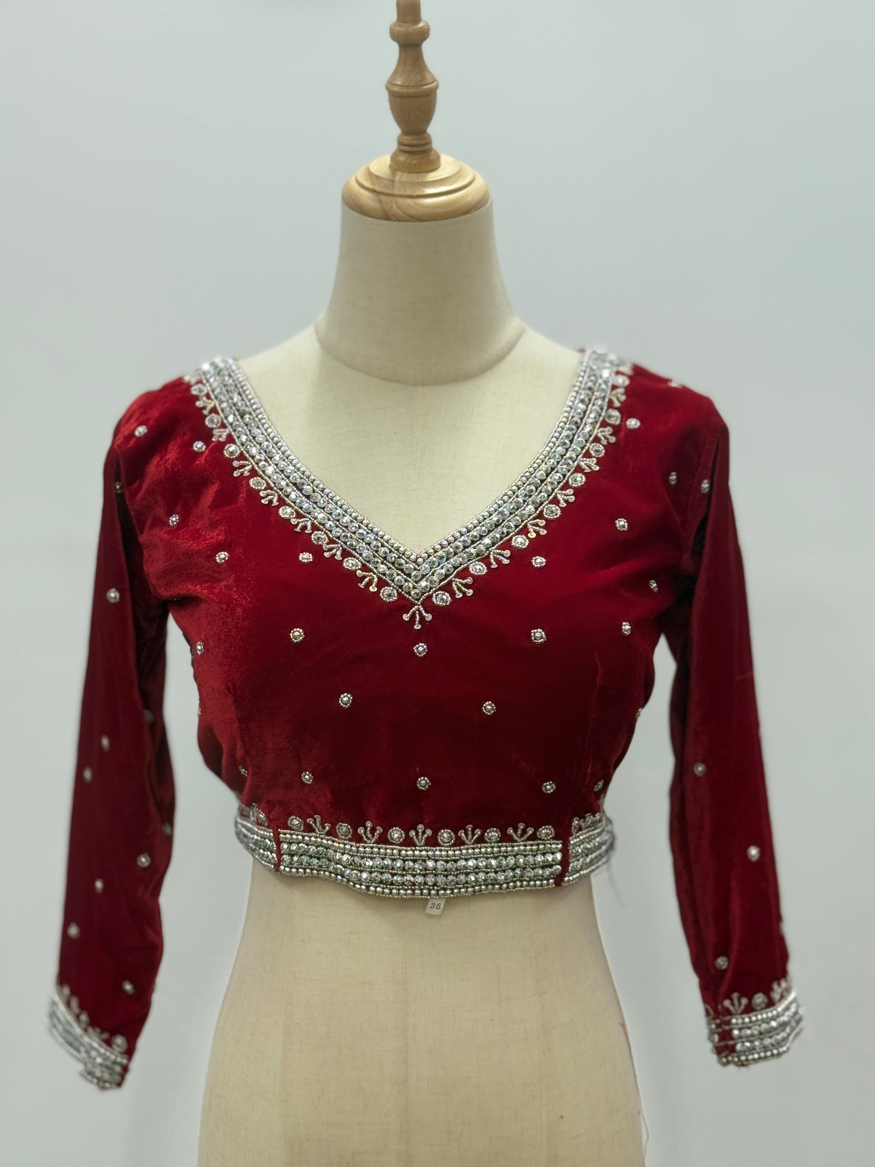 Crystal-Embellished Velvet V-Neck Blouse