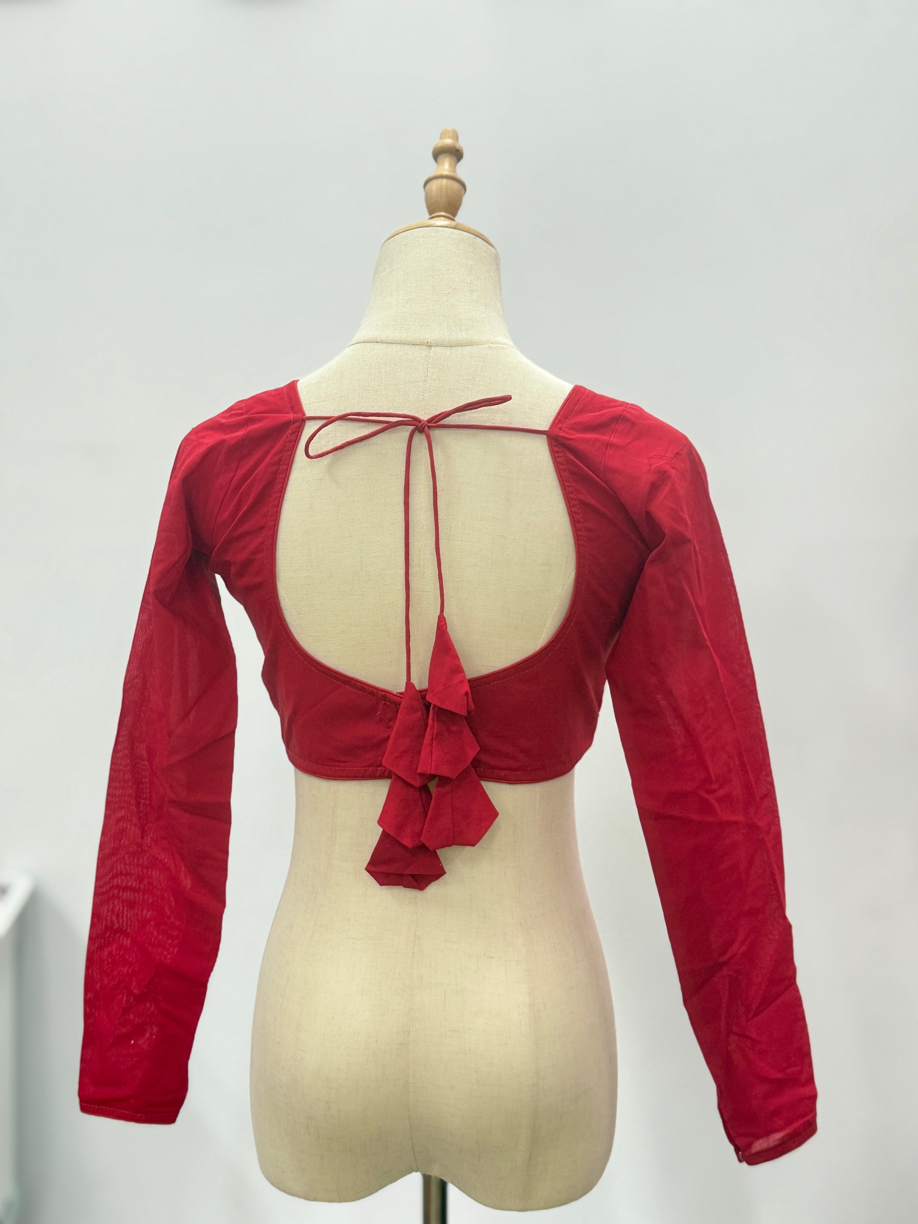 Classic Red Cotton Blouse with Sweetheart Neck & Latkan Detail