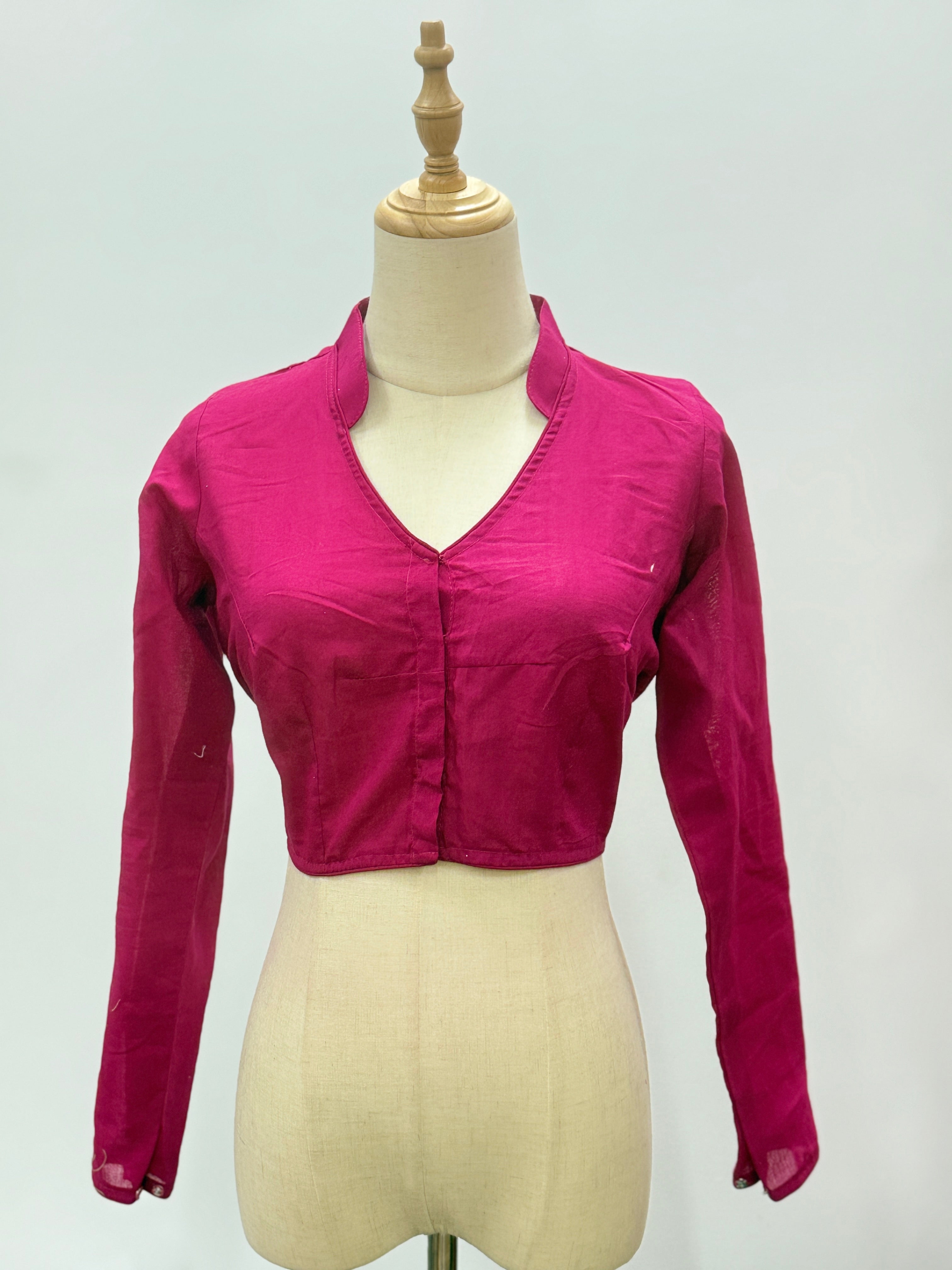 Polished Cotton V-Neck Blouse with Mandarin Collar