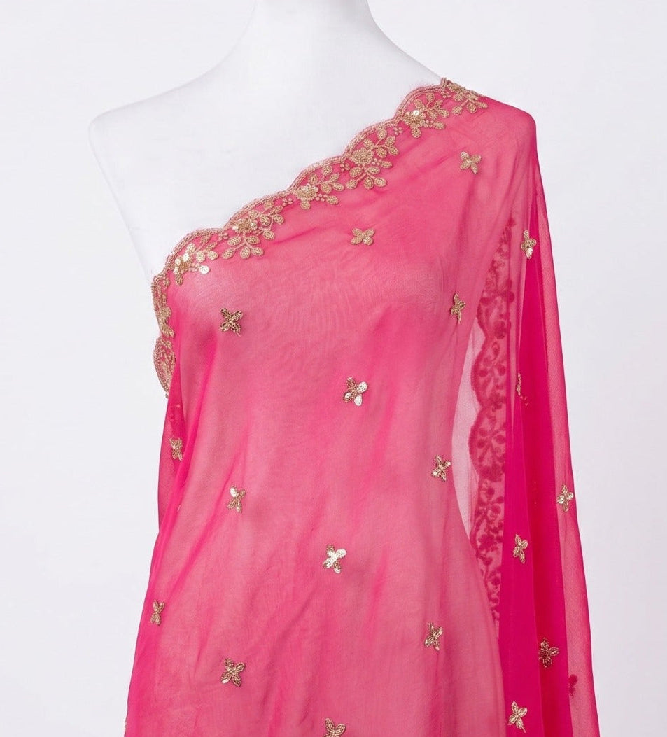 Sequin Embroidered Organza Shawl with Pearl Trim
