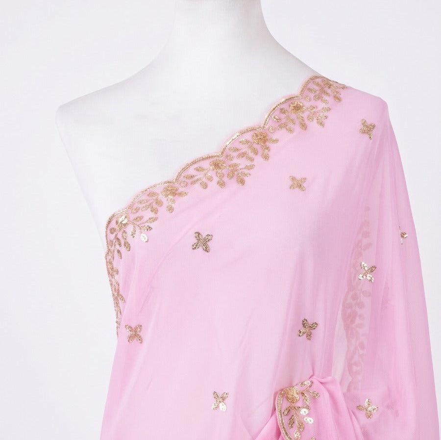 Sequin Embroidered Organza Shawl with Pearl Trim