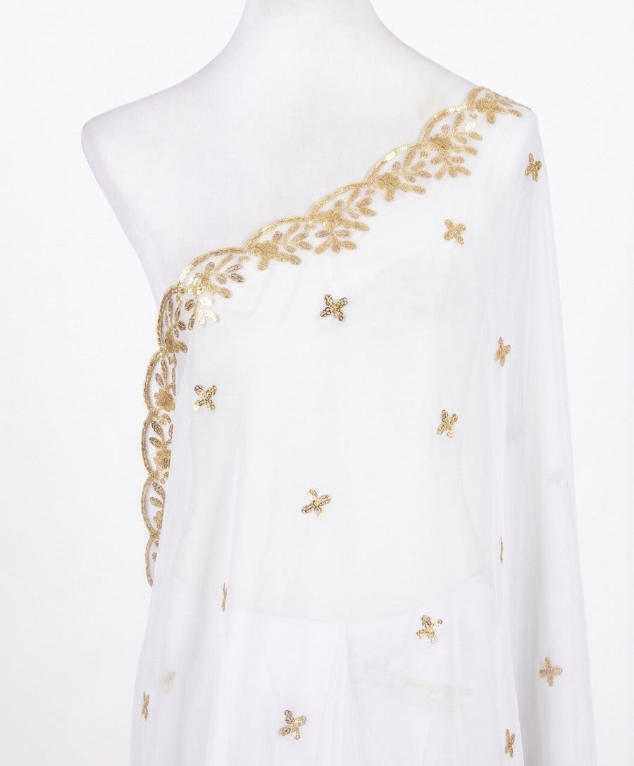 Sequin Embroidered Organza Shawl with Pearl Trim