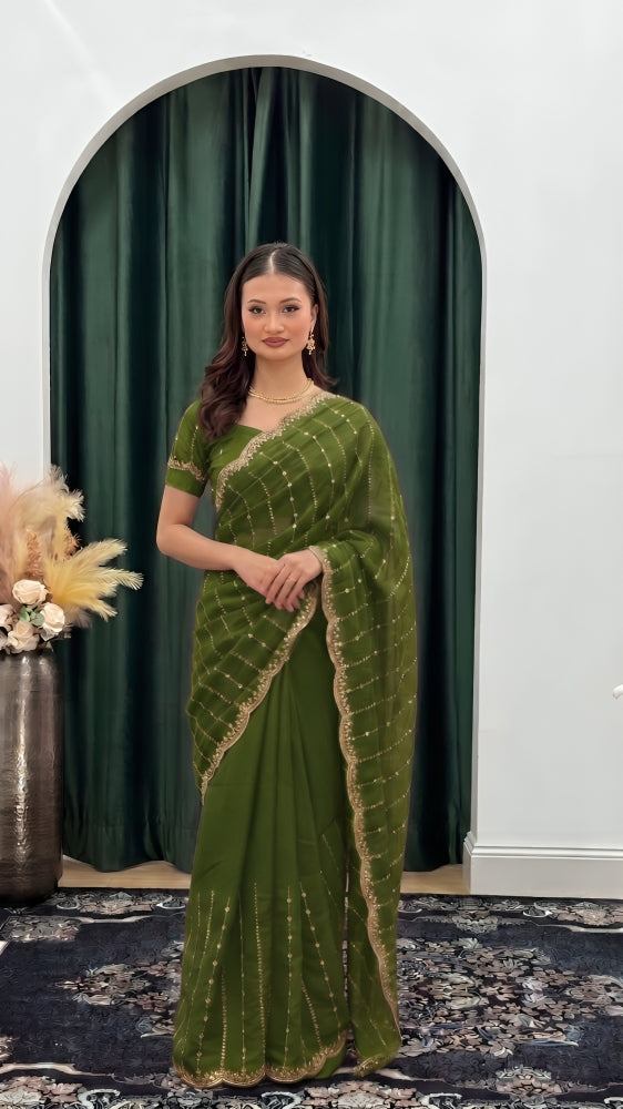 Sequined Scallop Embroidered Organza Saree Set