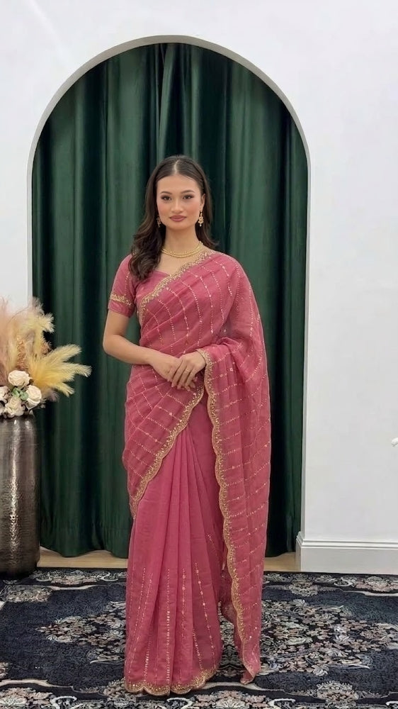 Sequined Scallop Embroidered Organza Saree Set